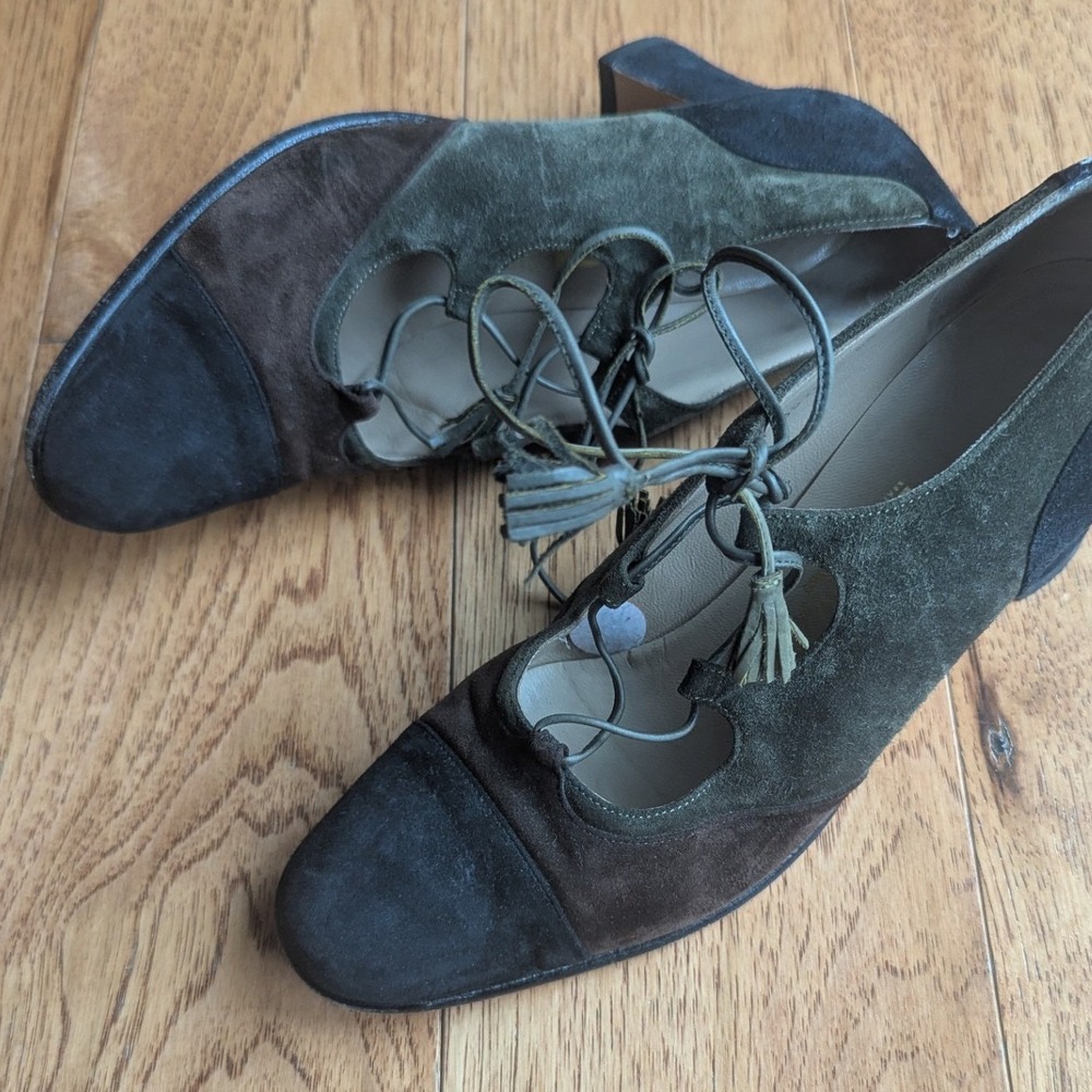 Salvatore Ferragamo Lace Up Ankle‎ Booties Suede Colorblock Heels Tassel Sz 7B